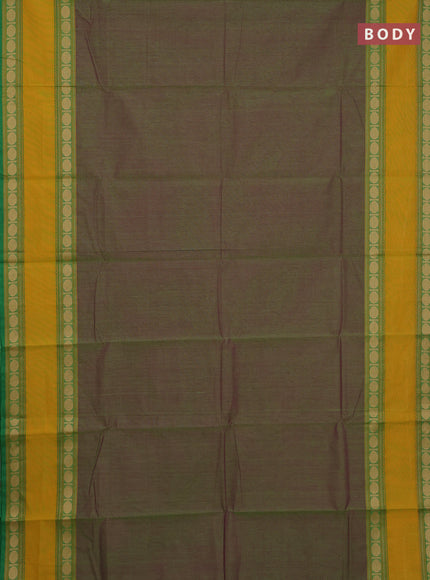 Chettinad cotton saree dual shade of green and mustard yellow with plain body and rettapet thread woven border
