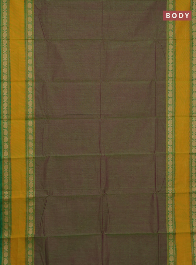 Chettinad cotton saree dual shade of green and mustard yellow with plain body and rettapet thread woven border