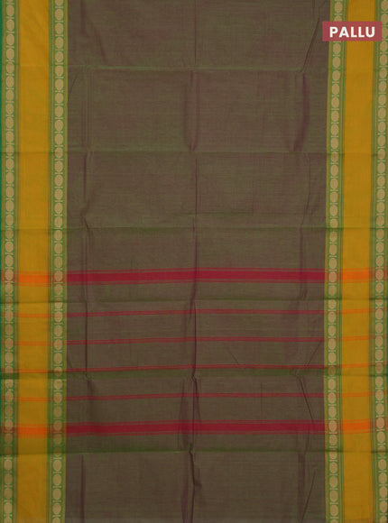Chettinad cotton saree dual shade of green and mustard yellow with plain body and rettapet thread woven border