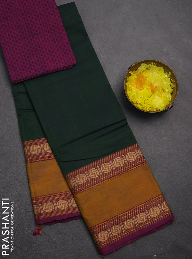 Chettinad cotton saree bottle green and purple with plain body and rettapet thread woven border