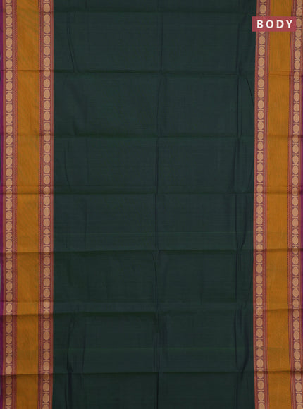Chettinad cotton saree bottle green and purple with plain body and rettapet thread woven border