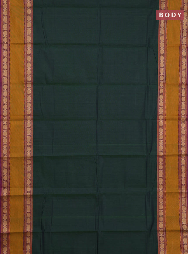 Chettinad cotton saree bottle green and purple with plain body and rettapet thread woven border