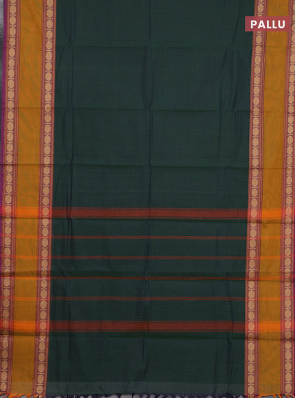 Chettinad cotton saree bottle green and purple with plain body and rettapet thread woven border