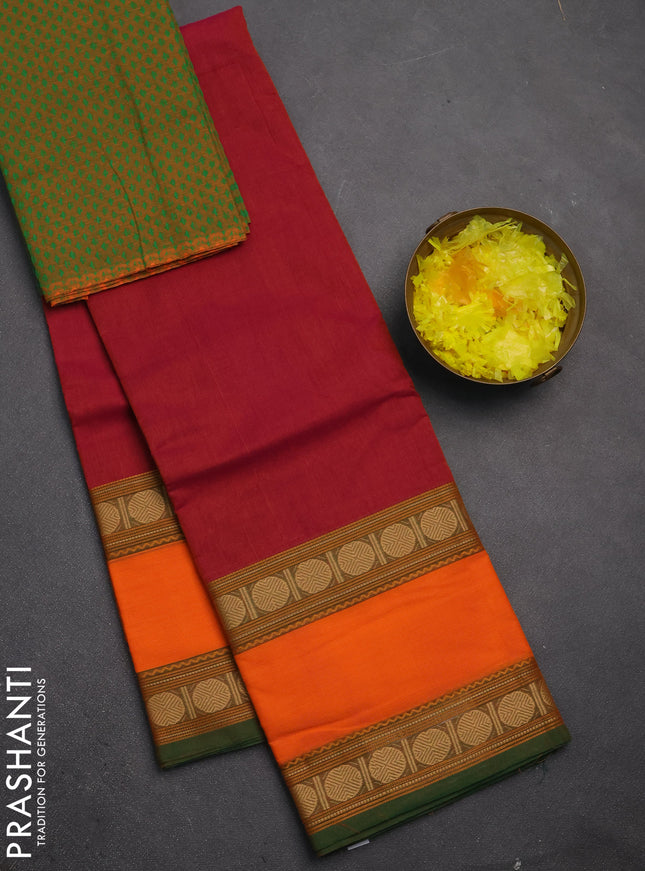 Chettinad cotton saree maroon and green with plain body and rettapet thread woven border