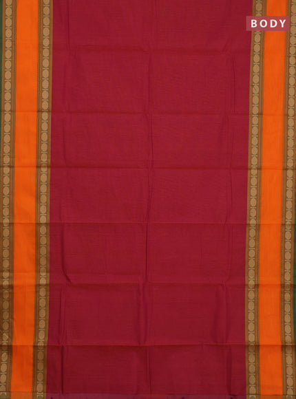 Chettinad cotton saree maroon and green with plain body and rettapet thread woven border