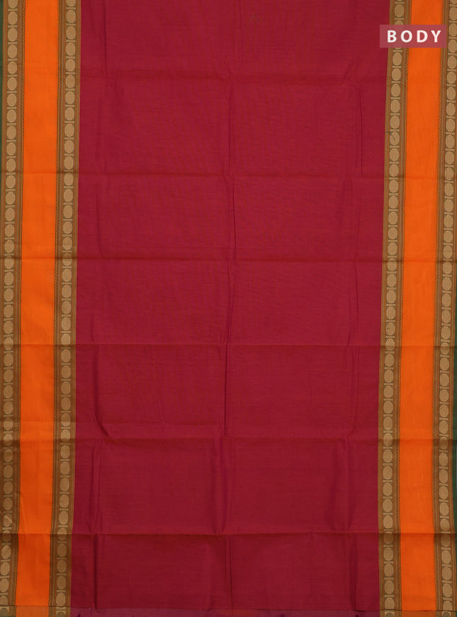 Chettinad cotton saree maroon and green with plain body and rettapet thread woven border