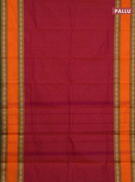 Chettinad cotton saree maroon and green with plain body and rettapet thread woven border