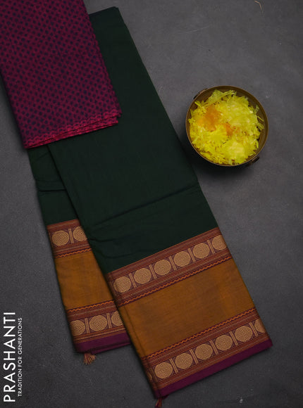 Chettinad cotton saree bottle green and purple with plain body and rettapet thread woven border