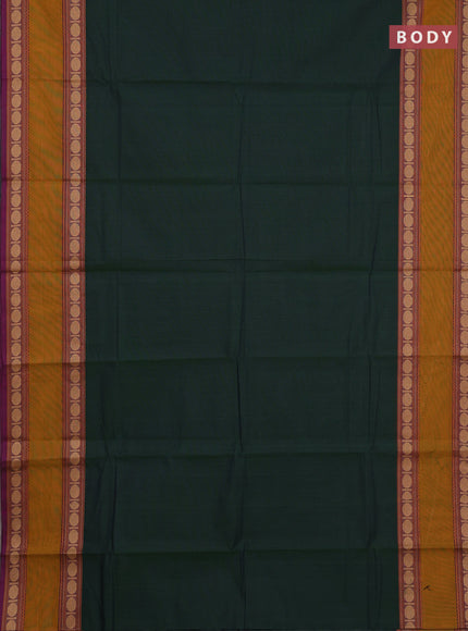 Chettinad cotton saree bottle green and purple with plain body and rettapet thread woven border