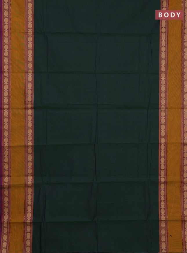 Chettinad cotton saree bottle green and purple with plain body and rettapet thread woven border
