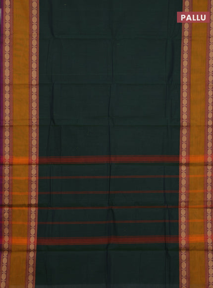 Chettinad cotton saree bottle green and purple with plain body and rettapet thread woven border