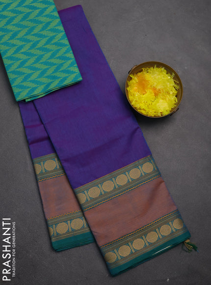 Chettinad cotton saree dual shade of bluish pink and teal green with plain body and rettapet thread woven border