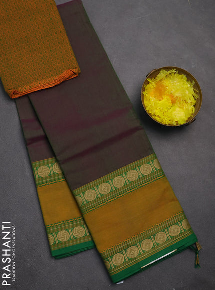Chettinad cotton saree dual shade of greenish pink and mustard yellow with plain body and rettapet thread woven border