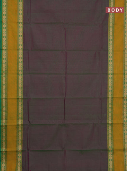 Chettinad cotton saree dual shade of greenish pink and mustard yellow with plain body and rettapet thread woven border