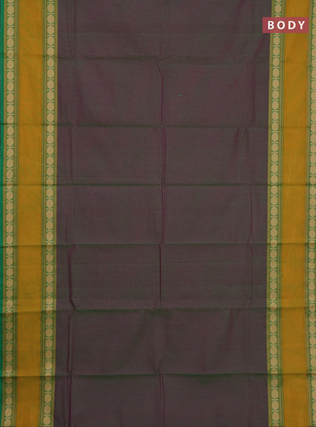 Chettinad cotton saree dual shade of greenish pink and mustard yellow with plain body and rettapet thread woven border