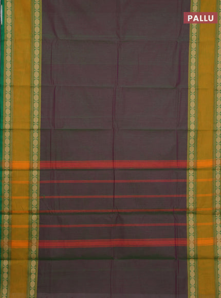 Chettinad cotton saree dual shade of greenish pink and mustard yellow with plain body and rettapet thread woven border
