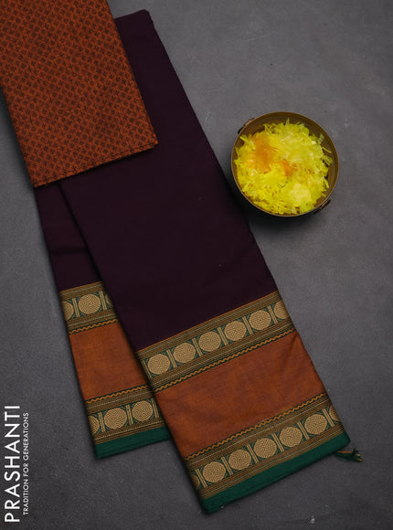 Chettinad cotton saree jamun and rust with plain body and rettapet thread woven border