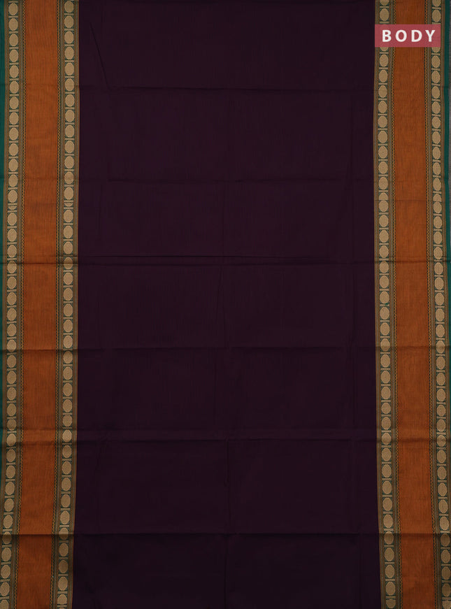 Chettinad cotton saree jamun and rust with plain body and rettapet thread woven border