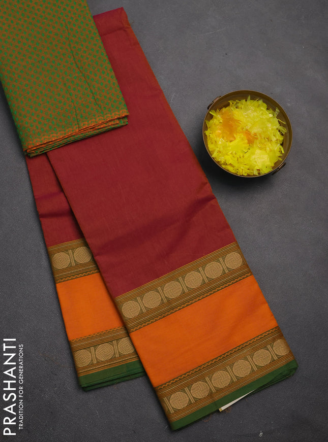 Chettinad cotton saree dual shade of pink and orange with plain body and rettapet thread woven border