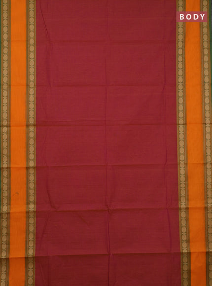 Chettinad cotton saree dual shade of pink and orange with plain body and rettapet thread woven border