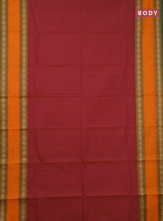 Chettinad cotton saree dual shade of pink and orange with plain body and rettapet thread woven border