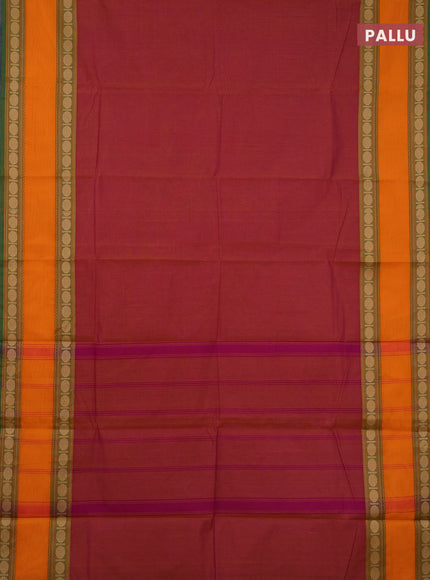 Chettinad cotton saree dual shade of pink and orange with plain body and rettapet thread woven border