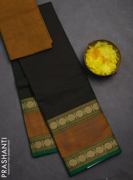 Chettinad cotton saree bottle green and mustard yellow with plain body and rettapet thread woven border