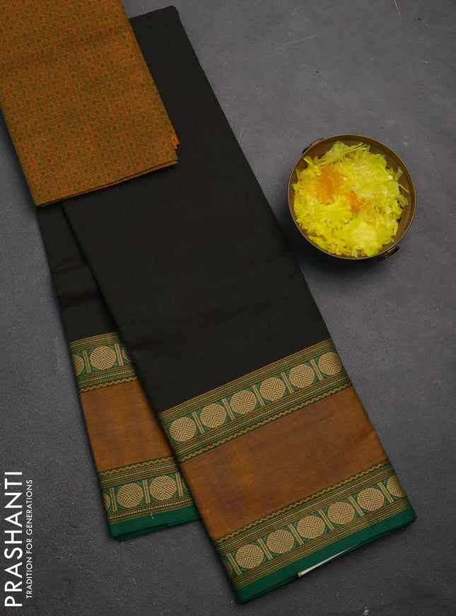 Chettinad cotton saree bottle green and mustard yellow with plain body and rettapet thread woven border