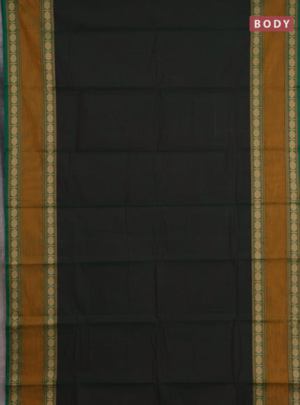 Chettinad cotton saree bottle green and mustard yellow with plain body and rettapet thread woven border
