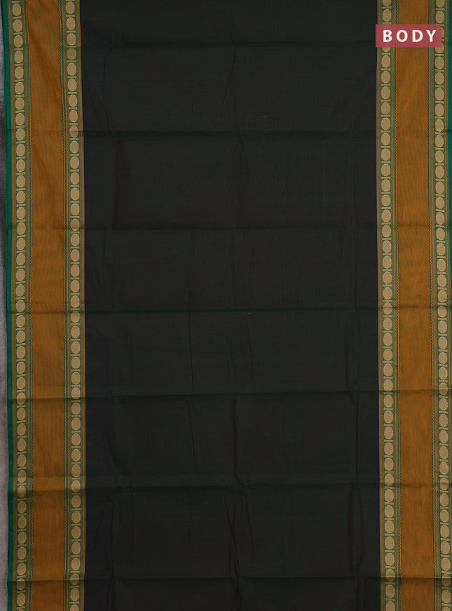 Chettinad cotton saree bottle green and mustard yellow with plain body and rettapet thread woven border