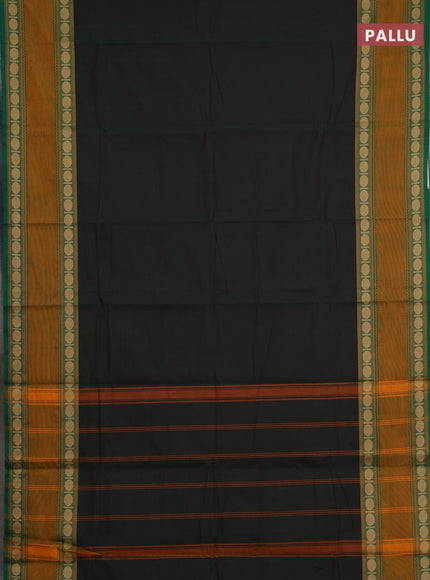 Chettinad cotton saree bottle green and mustard yellow with plain body and rettapet thread woven border