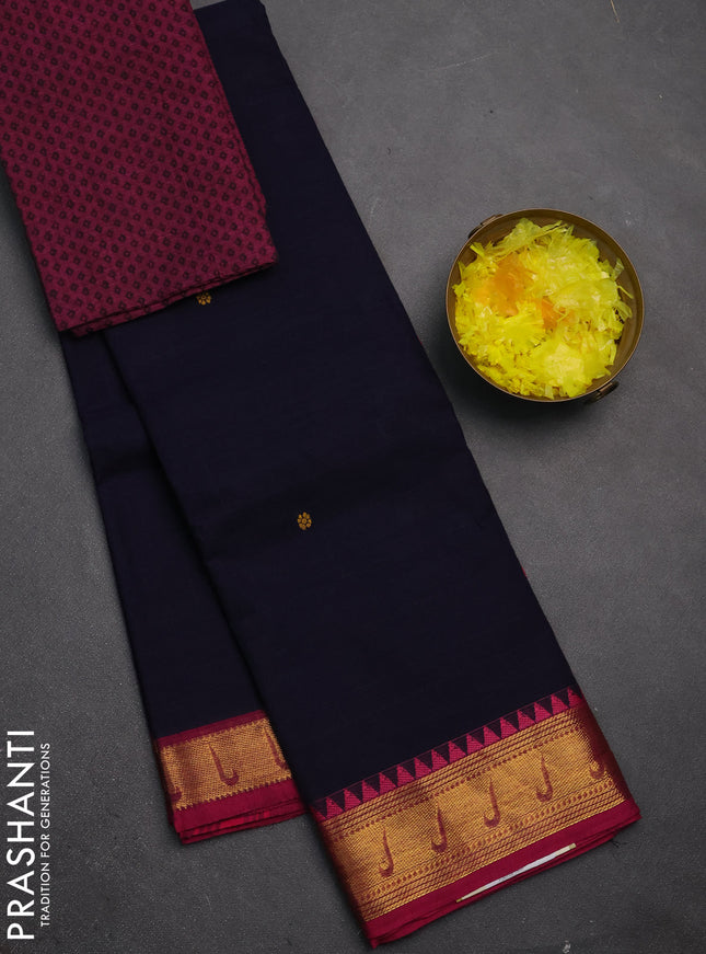 Chettinad cotton saree navy blue and pink with checks & thread woven buttas and zari woven border