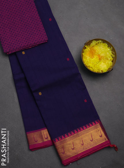 Chettinad cotton saree navy blue and pink with checks & thread woven buttas and zari woven border