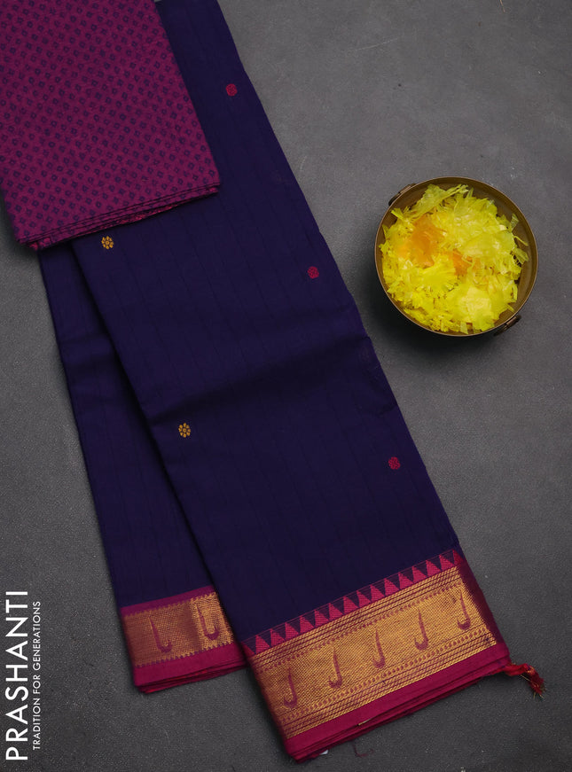 Chettinad cotton saree navy blue and pink with checks & thread woven buttas and zari woven border