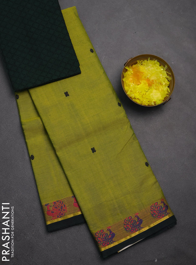 Chettinad cotton saree green and bottle green with thread woven buttas and thread woven border