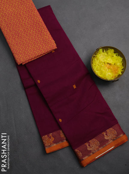 Chettinad cotton saree magenta pink and mustard yellow with thread woven buttas and thread woven border