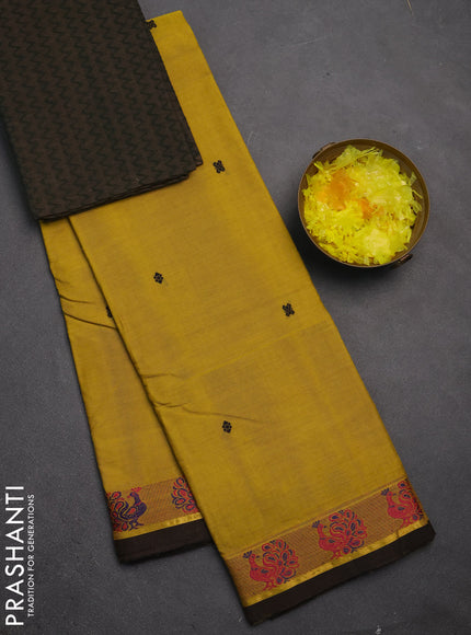 Chettinad cotton saree mustard yellow and green shade with thread woven buttas and thread woven border