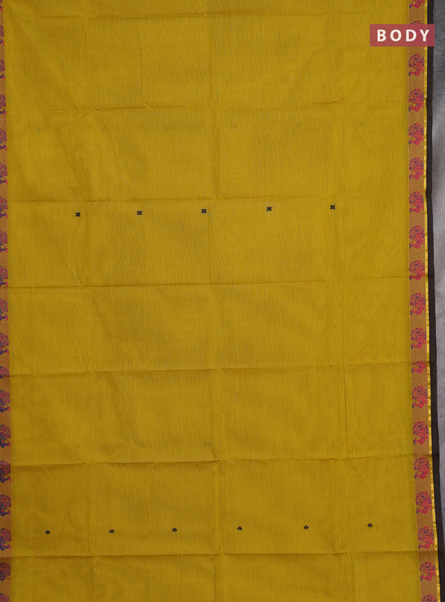Chettinad cotton saree mustard yellow and green shade with thread woven buttas and thread woven border