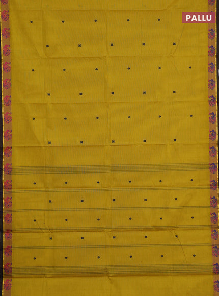 Chettinad cotton saree mustard yellow and green shade with thread woven buttas and thread woven border