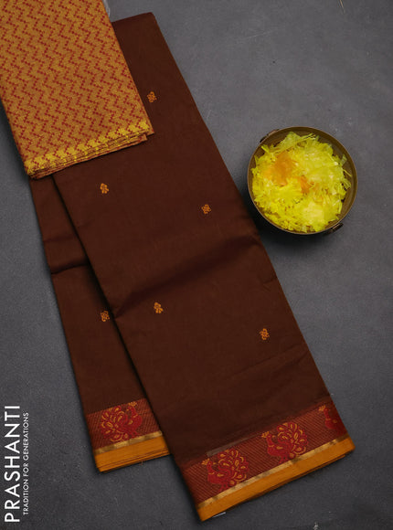 Chettinad cotton saree brown and mustard yellow with thread woven buttas and thread woven border