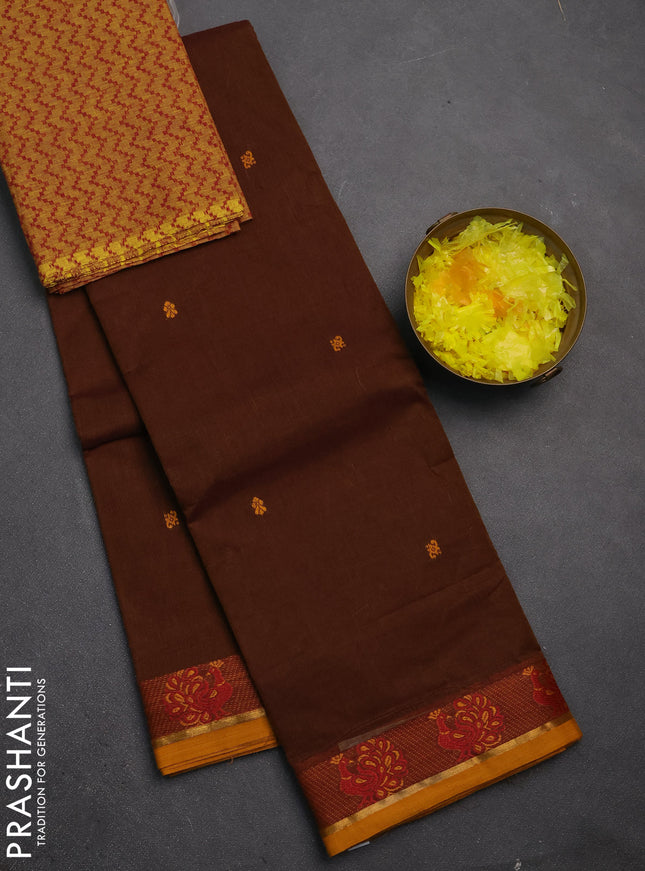 Chettinad cotton saree brown and mustard yellow with thread woven buttas and thread woven border