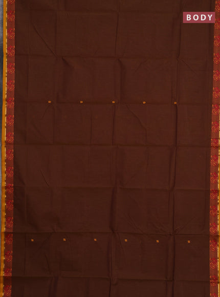 Chettinad cotton saree brown and mustard yellow with thread woven buttas and thread woven border