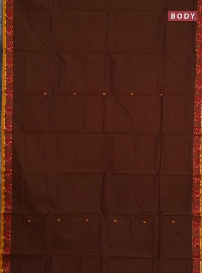Chettinad cotton saree brown and mustard yellow with thread woven buttas and thread woven border