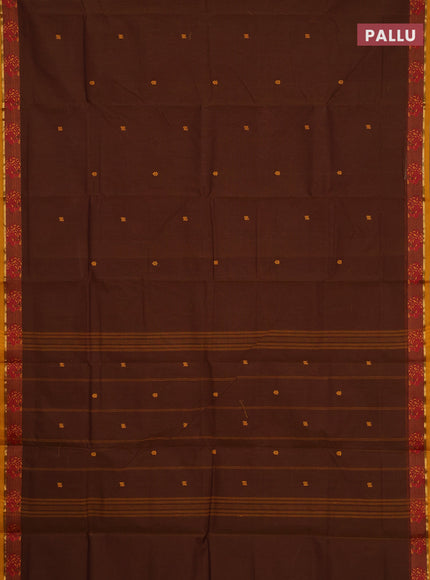 Chettinad cotton saree brown and mustard yellow with thread woven buttas and thread woven border