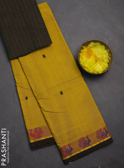 Chettinad cotton saree mustard yellow and green shade with thread woven buttas and thread woven border