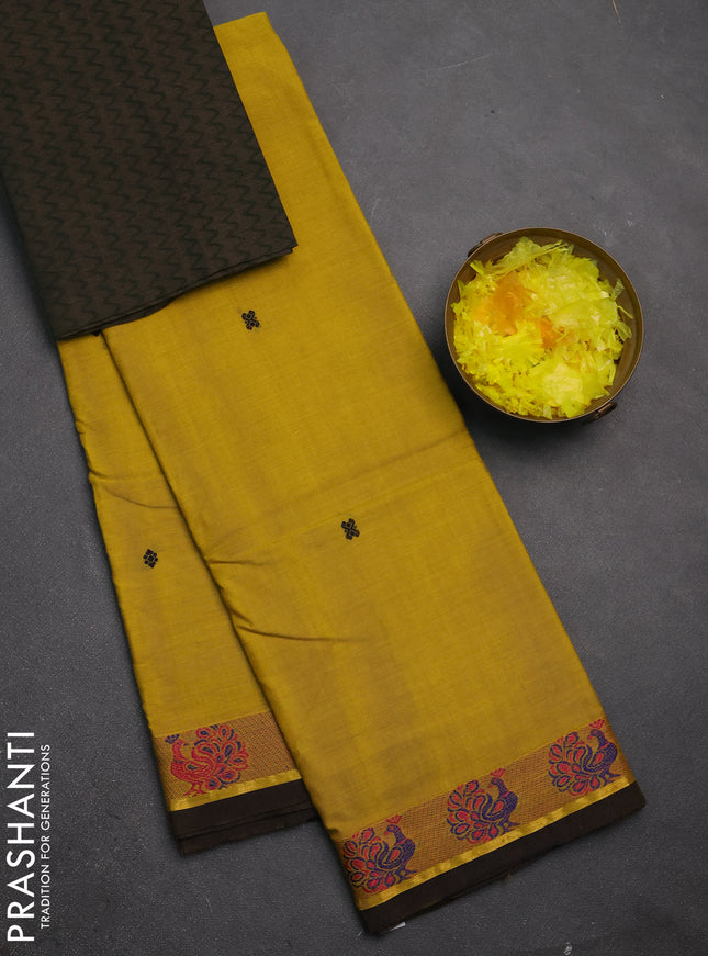 Chettinad cotton saree mustard yellow and green shade with thread woven buttas and thread woven border