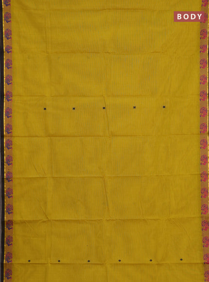 Chettinad cotton saree mustard yellow and green shade with thread woven buttas and thread woven border