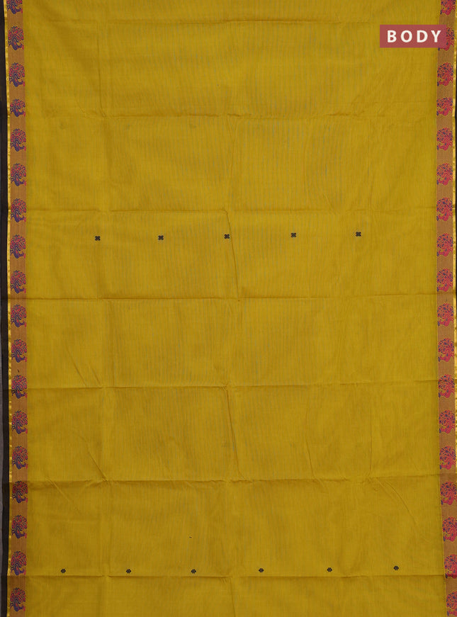 Chettinad cotton saree mustard yellow and green shade with thread woven buttas and thread woven border