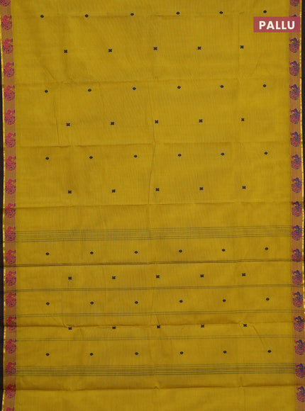 Chettinad cotton saree mustard yellow and green shade with thread woven buttas and thread woven border