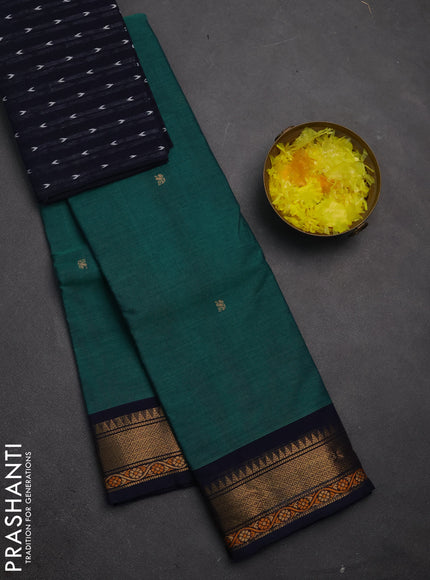 Chettinad cotton saree teal green and navy blue with thread woven buttas and thread & zari woven border